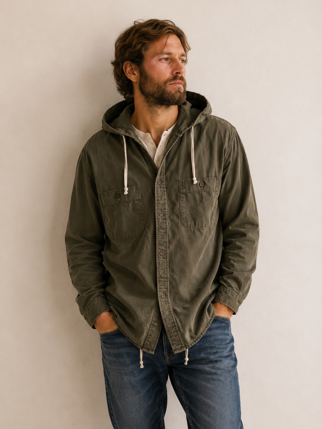 American Eagle Olive Green Button Down Hooded Shirt Shacket Size Xl